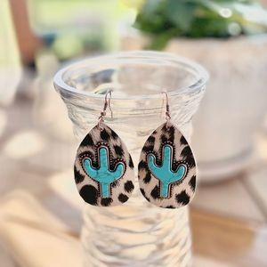 Leopard Print Leather Teardrop Eaarings with Turquoise Cactus Embellishm…